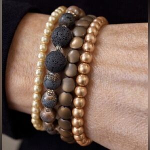 4 Piece Beaded Bracelet Stack/Pearl/bronze/natural/textured lava beads 🤎🤍